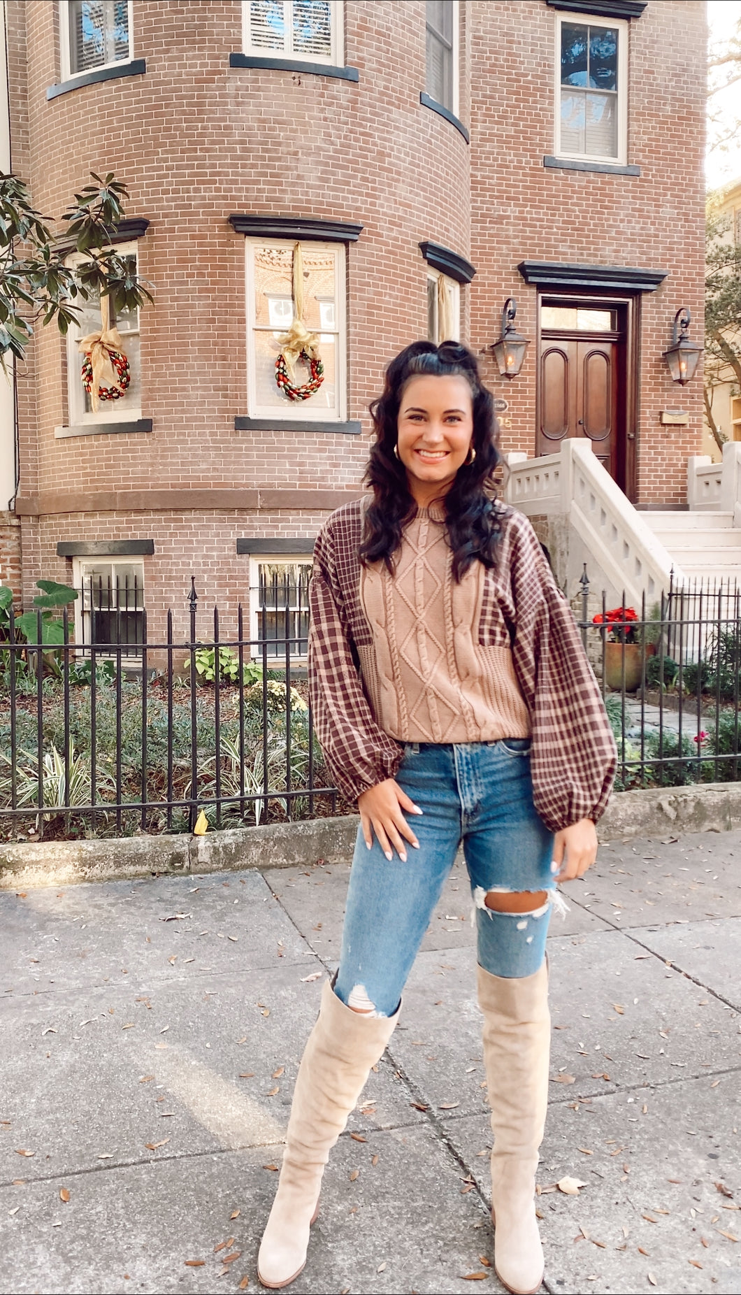 Sammie Plaid Sleeve Cable Knit Sweater